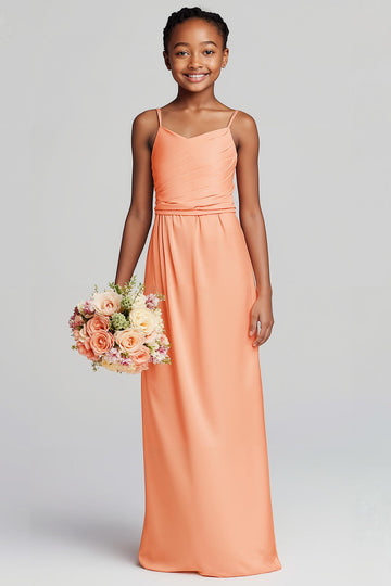 coucher de soleil satin spaghetti bretelles dos nu longue robe de demoiselle d’honneur junior